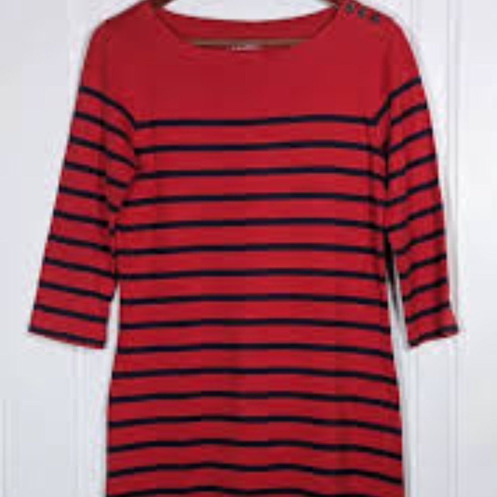 LL Bean Mariner Red Blue Striped Cotton 3/4 Sleeve Casual Dress Small Regular